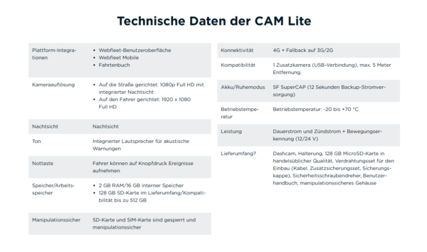 Technische Daten CAM Lite Webfleet Video 2.0